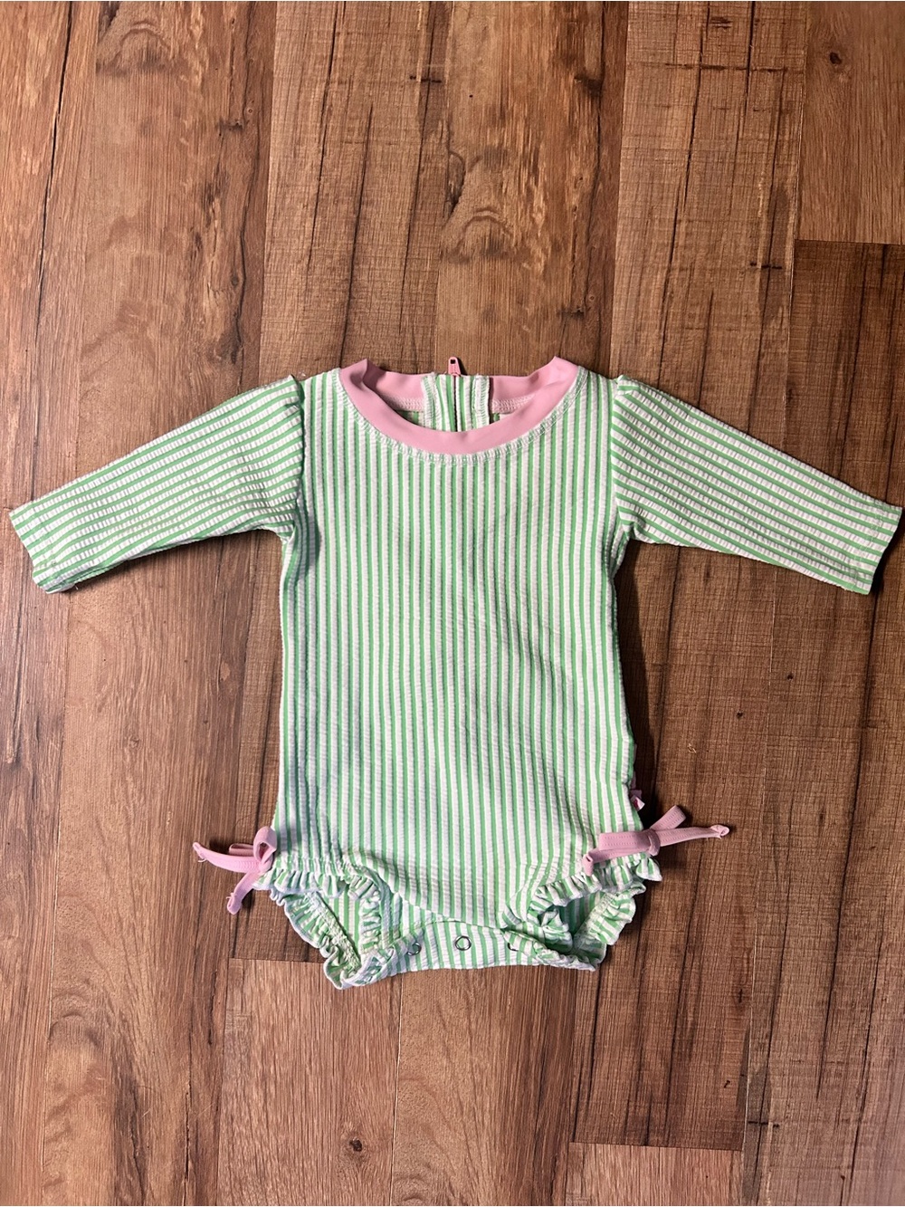 Ruffle Butt Green Stripe Pink Trim One Piece Rash Guard Seersucker Swimsuit 0/3m